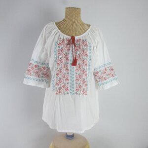 Durga Womens Large White Cross Stitch Embroidered Peasant Shirt Cottage Boho